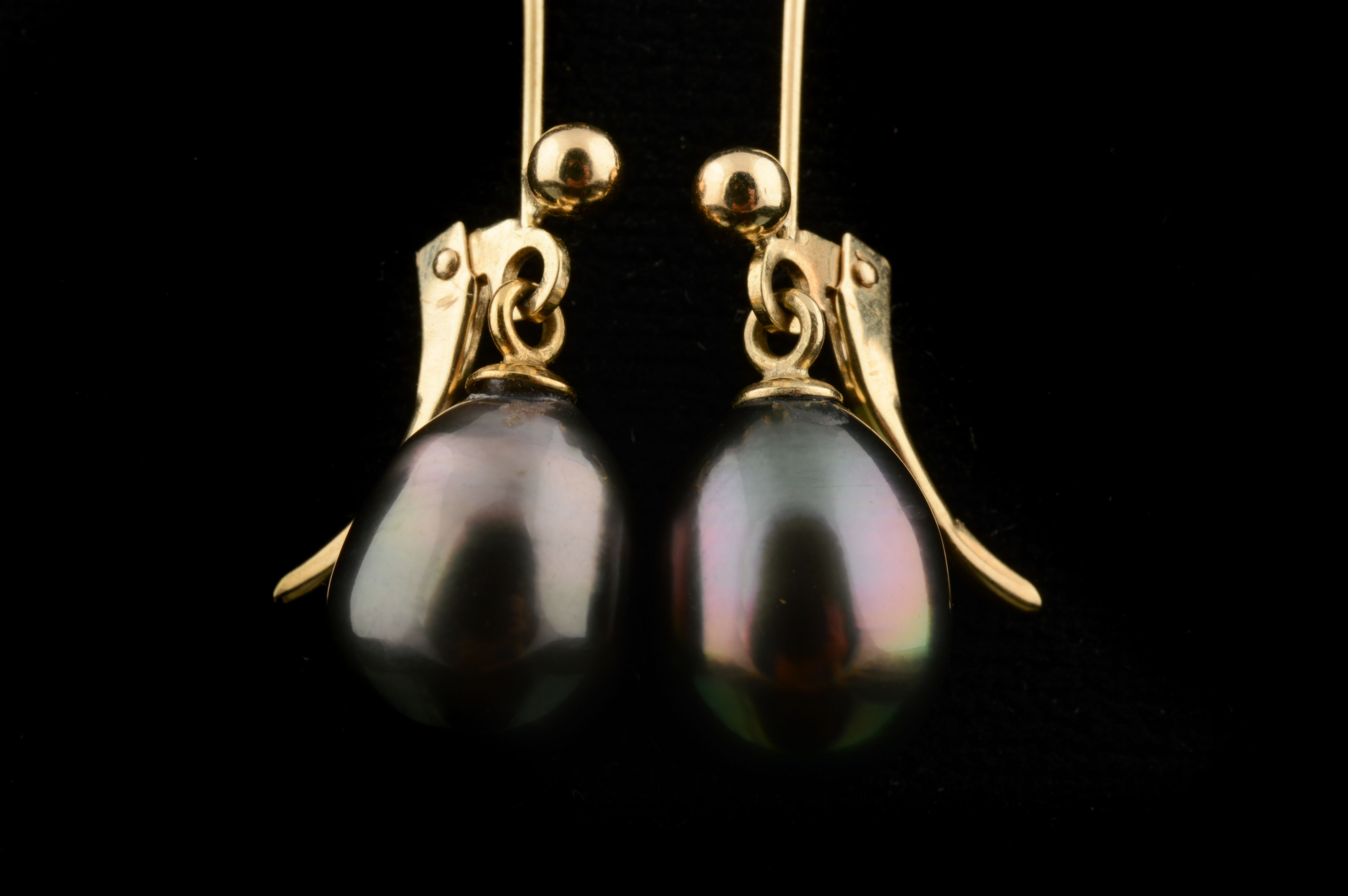 14K Yellow Gold Black Pearl Drop Earrings