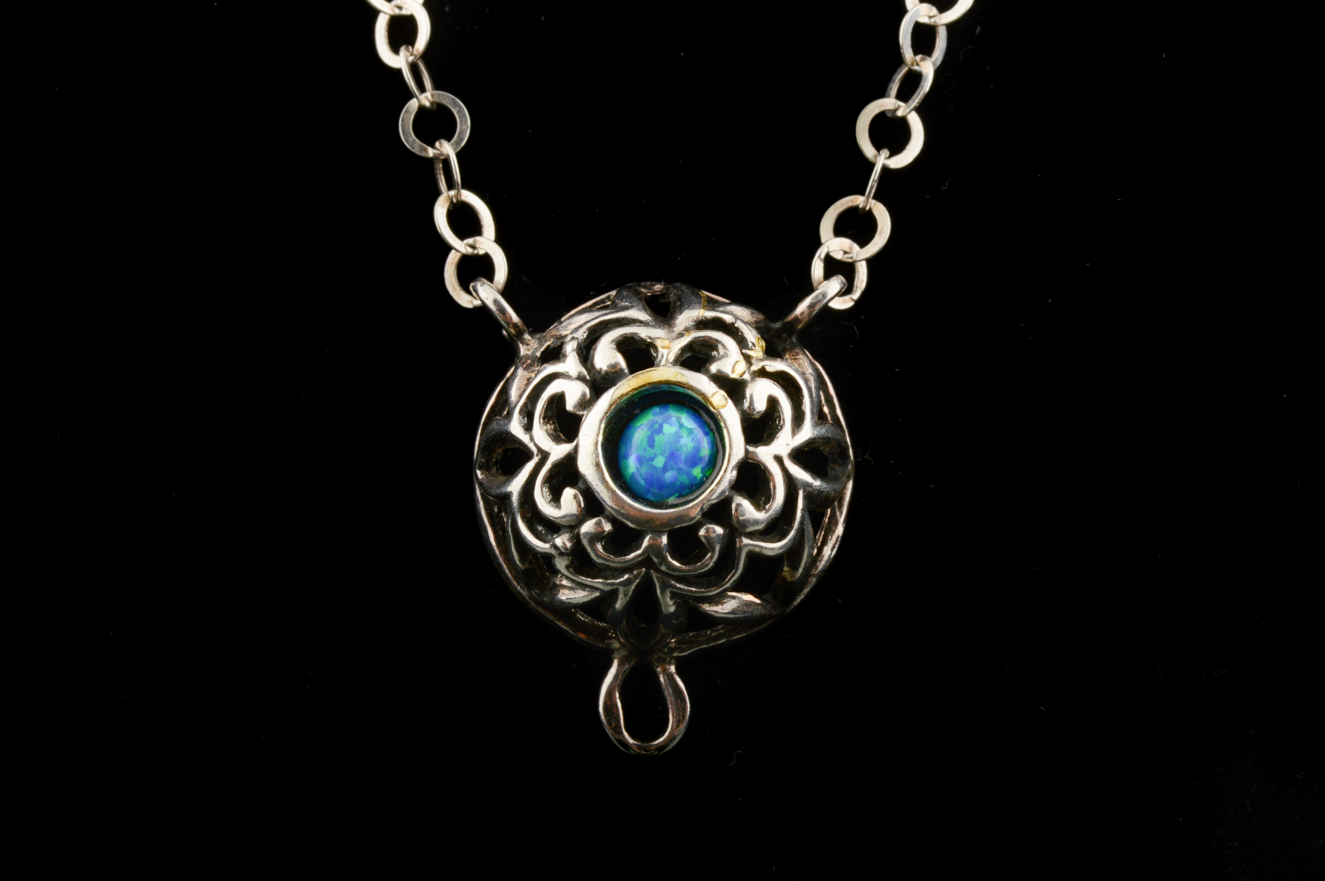 Sterling Pendant with Man Made Opal on Sterling Silver Rolo Chain