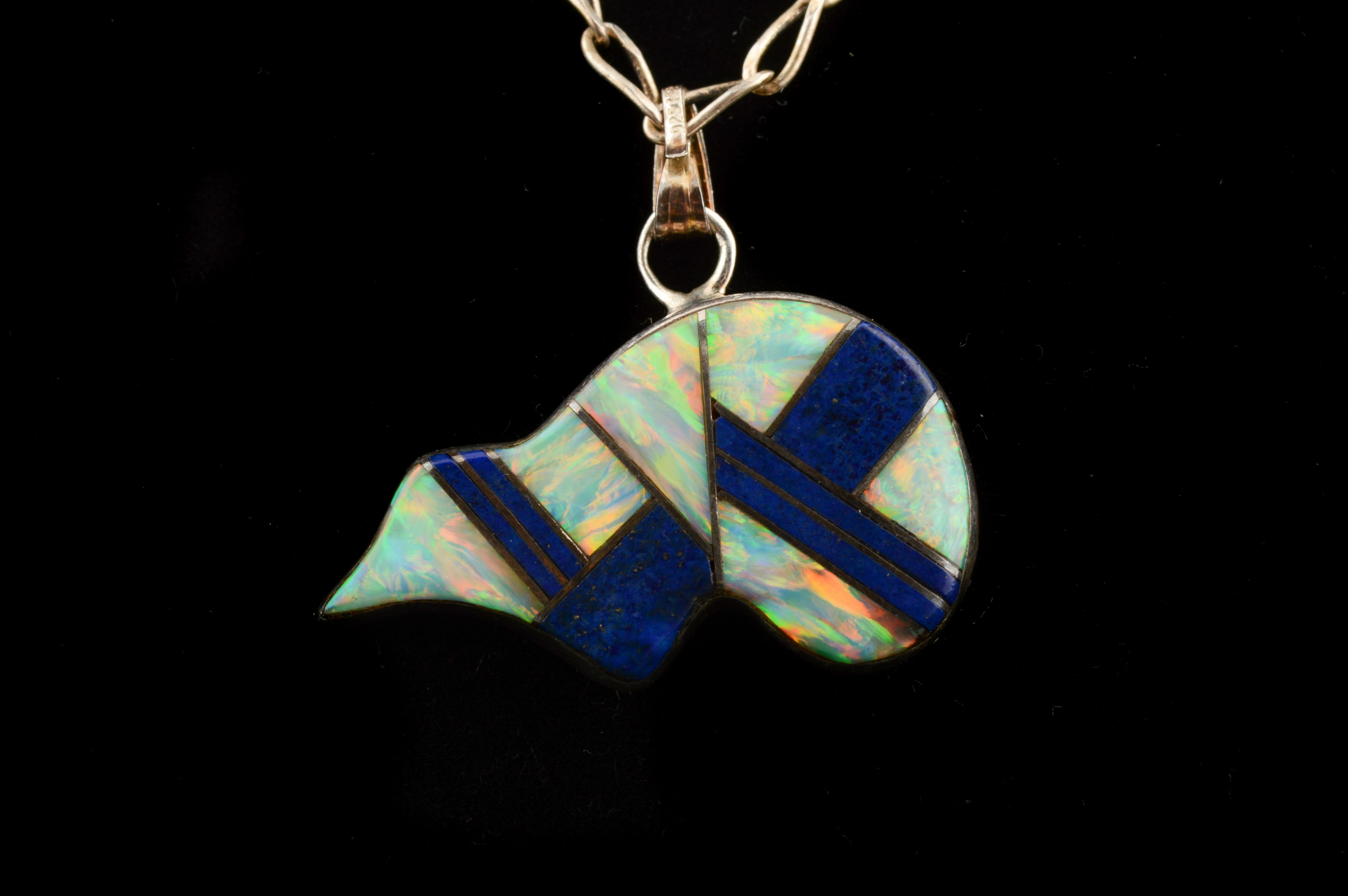 Sterling Silver Fiery Opal and Lapis Lazuli Pendant Necklace
