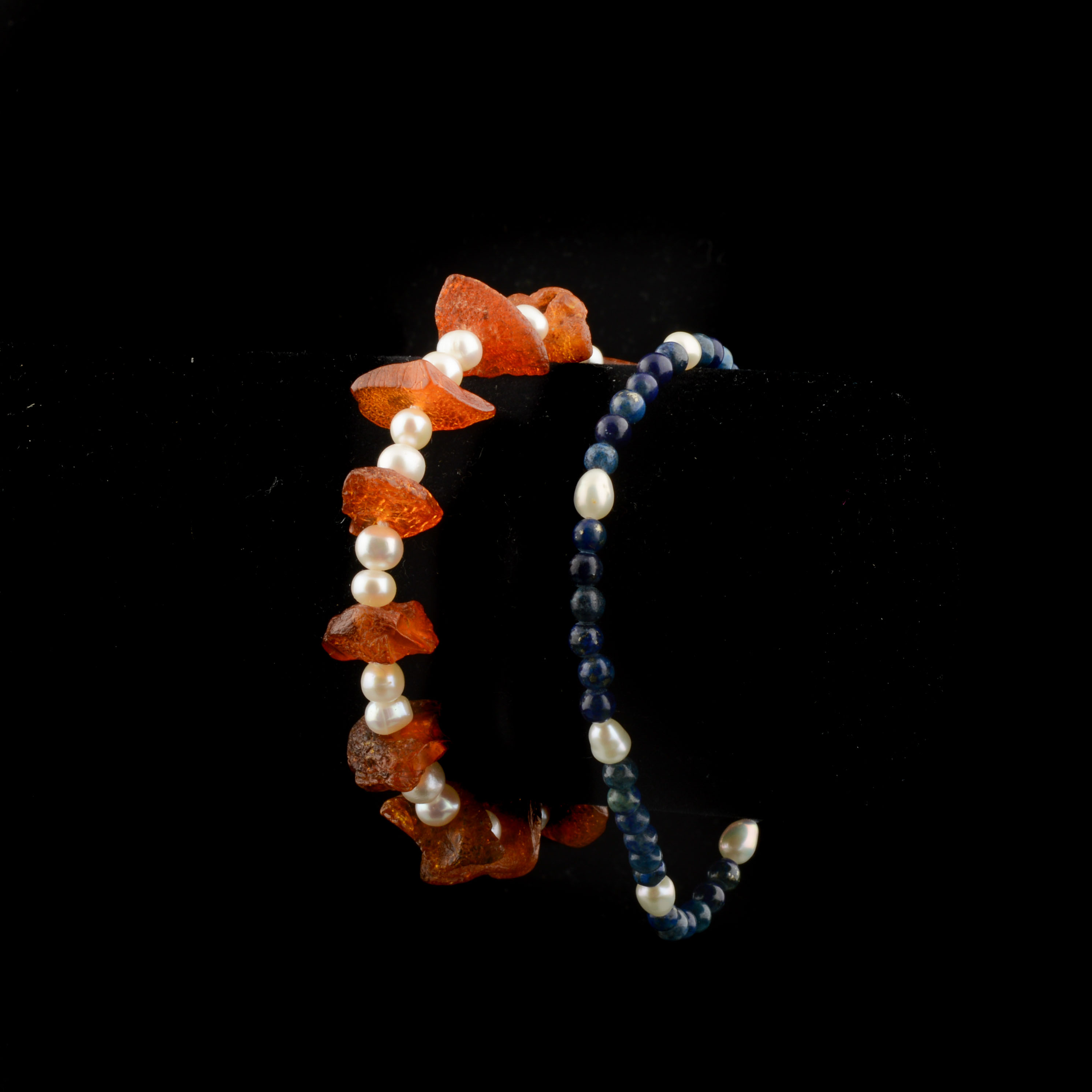 Freshwater Pearl Bracelets with Lapis and Amber Beads
