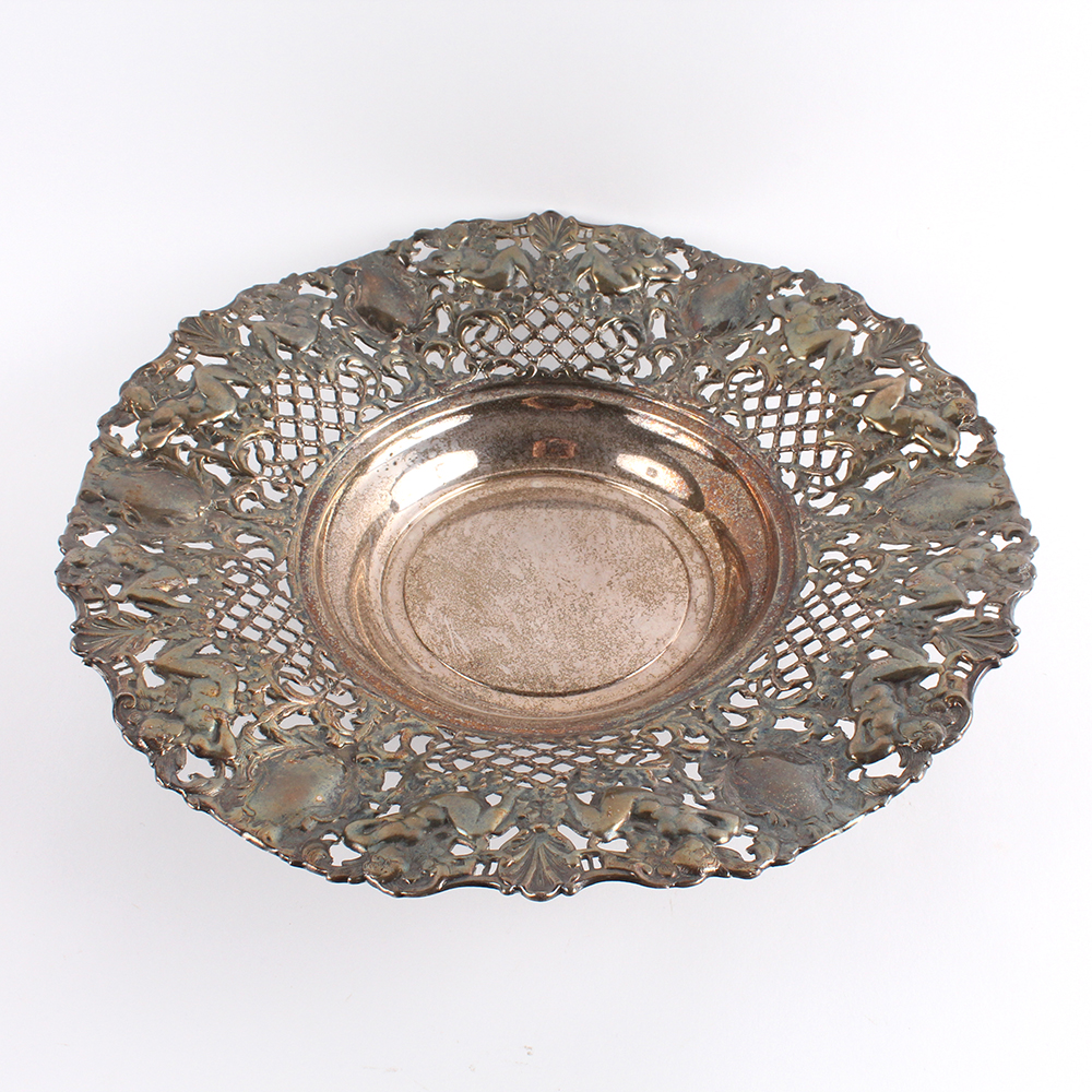 Spanish Lattice and Cherub Plated Silver Footed Bowl