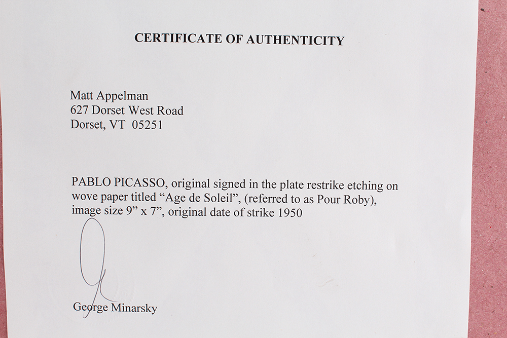 Restrike Portrait Etching of Pour Roby (L’Age de Soleil) by Pablo Picasso