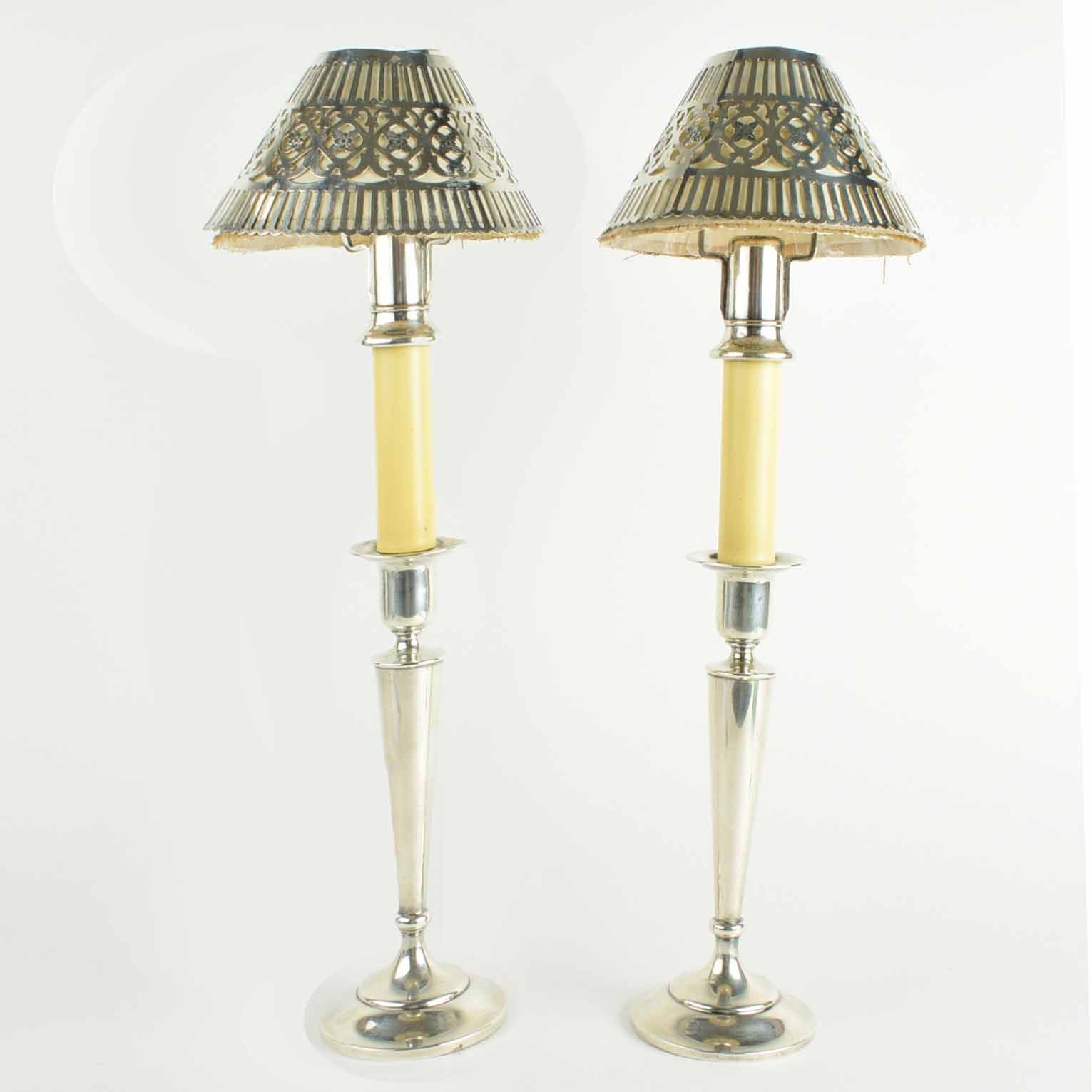 Pair of Shreve And Company Sterling Silver Candlesticks with Reticulated Sterling Shades
