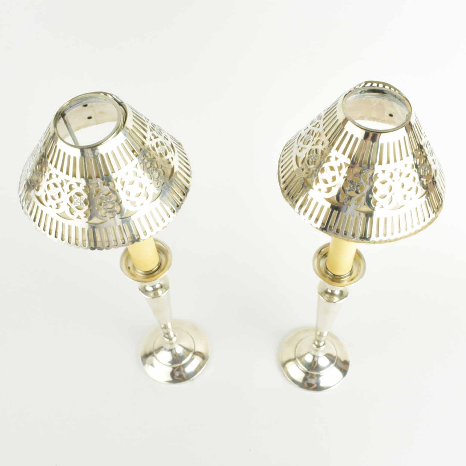 Pair of Shreve And Company Sterling Silver Candlesticks with Reticulated Sterling Shades