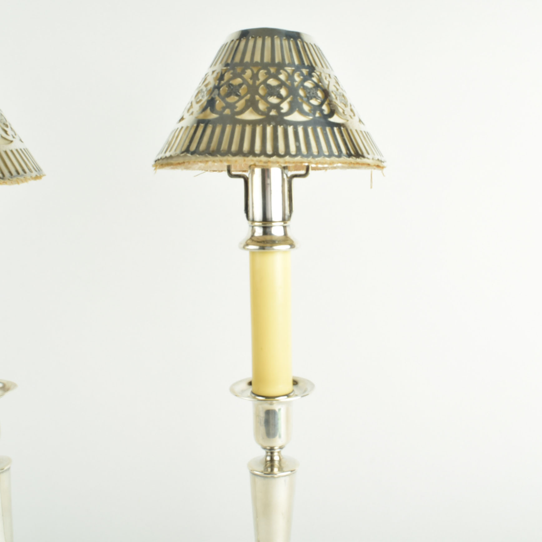 Pair of Shreve And Company Sterling Silver Candlesticks with Reticulated Sterling Shades