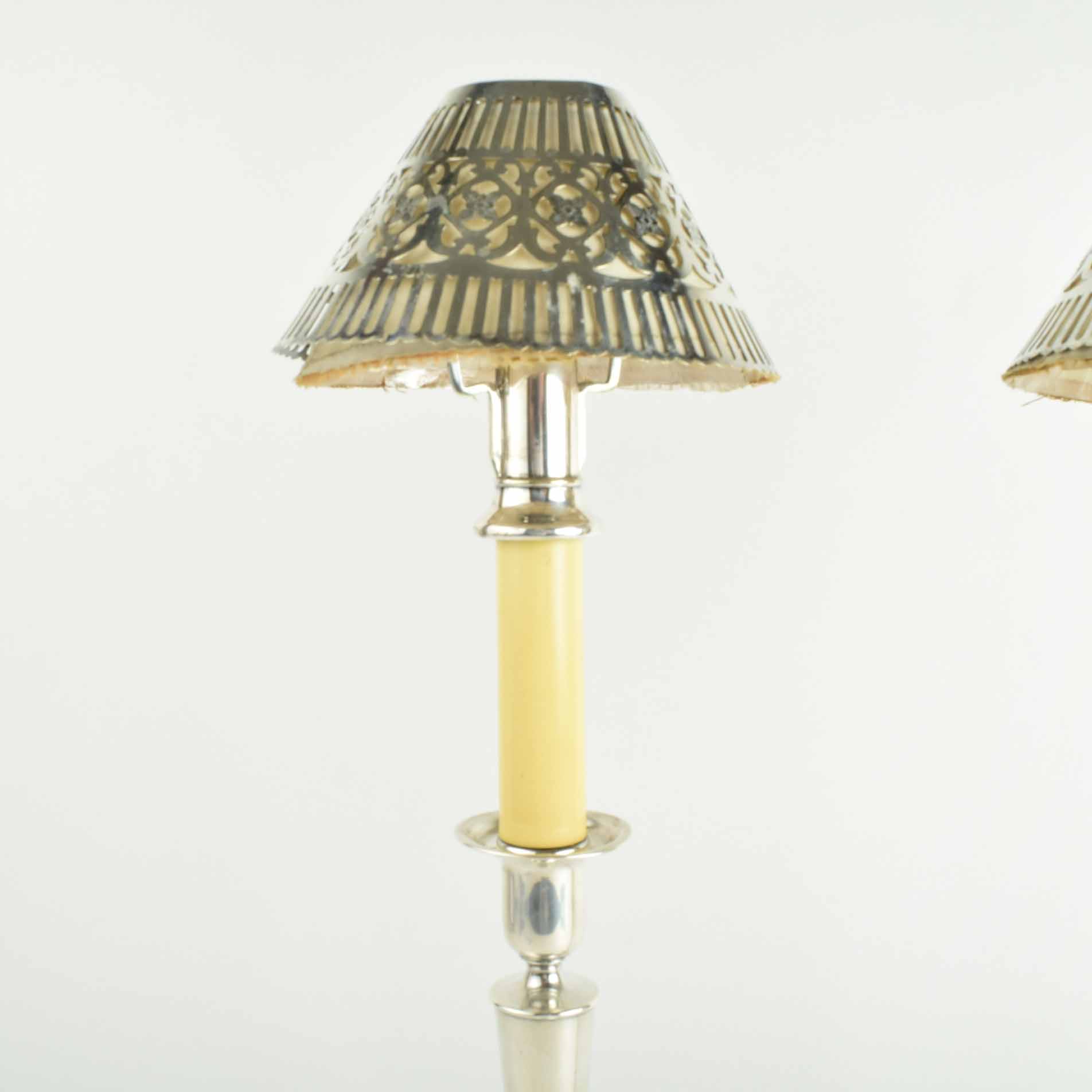 Pair of Shreve And Company Sterling Silver Candlesticks with Reticulated Sterling Shades