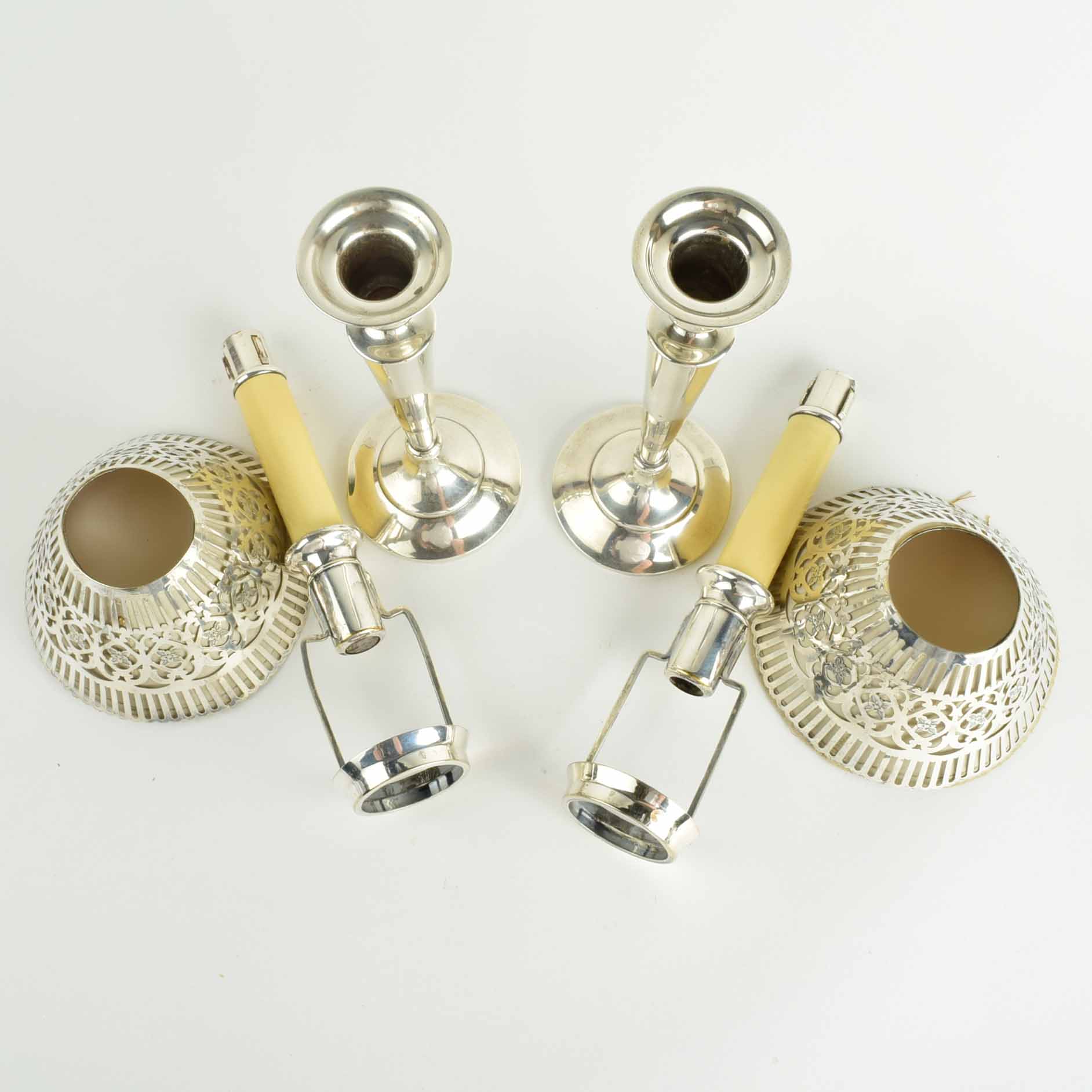 Pair of Shreve And Company Sterling Silver Candlesticks with Reticulated Sterling Shades