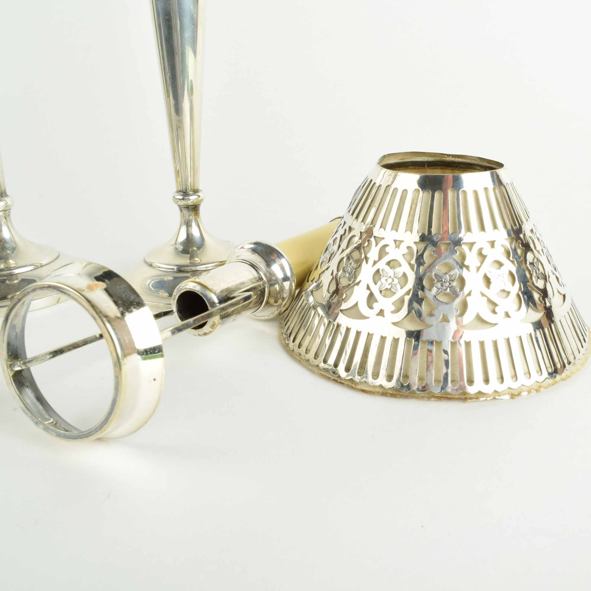 Pair of Shreve And Company Sterling Silver Candlesticks with Reticulated Sterling Shades