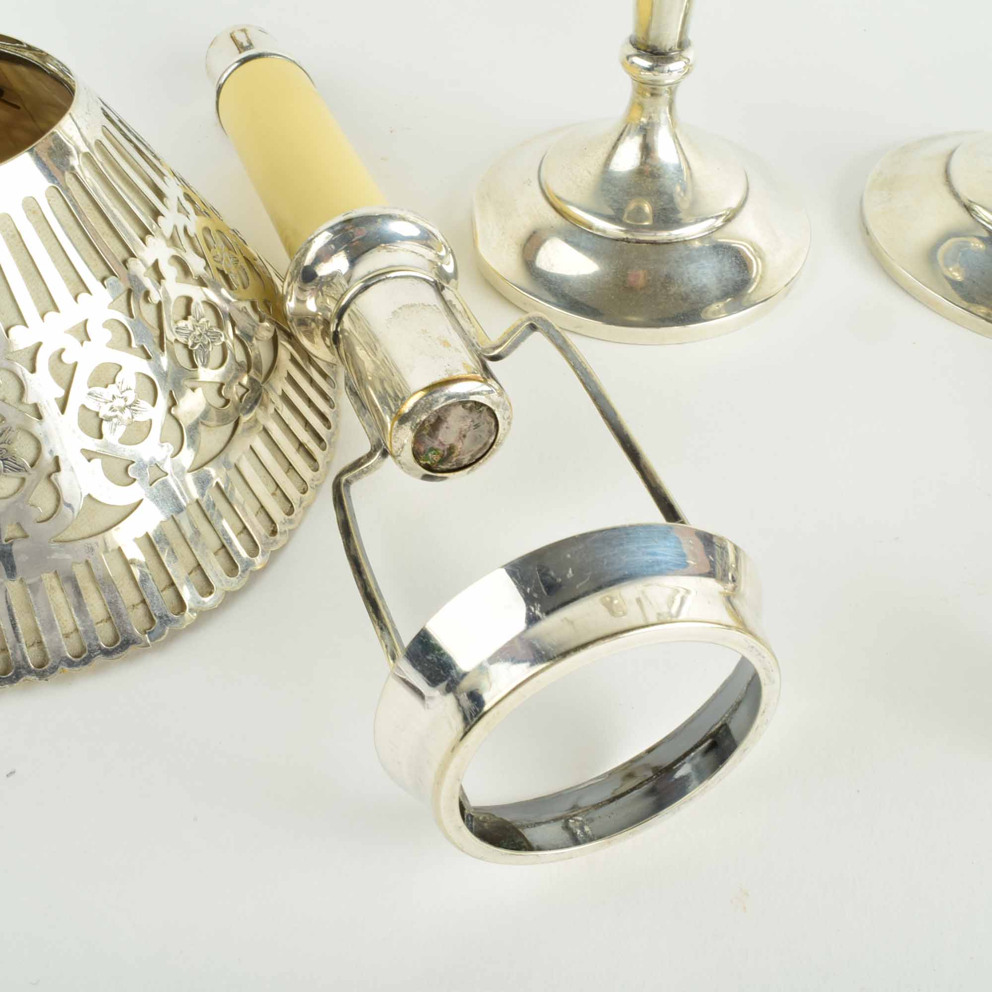 Pair of Shreve And Company Sterling Silver Candlesticks with Reticulated Sterling Shades