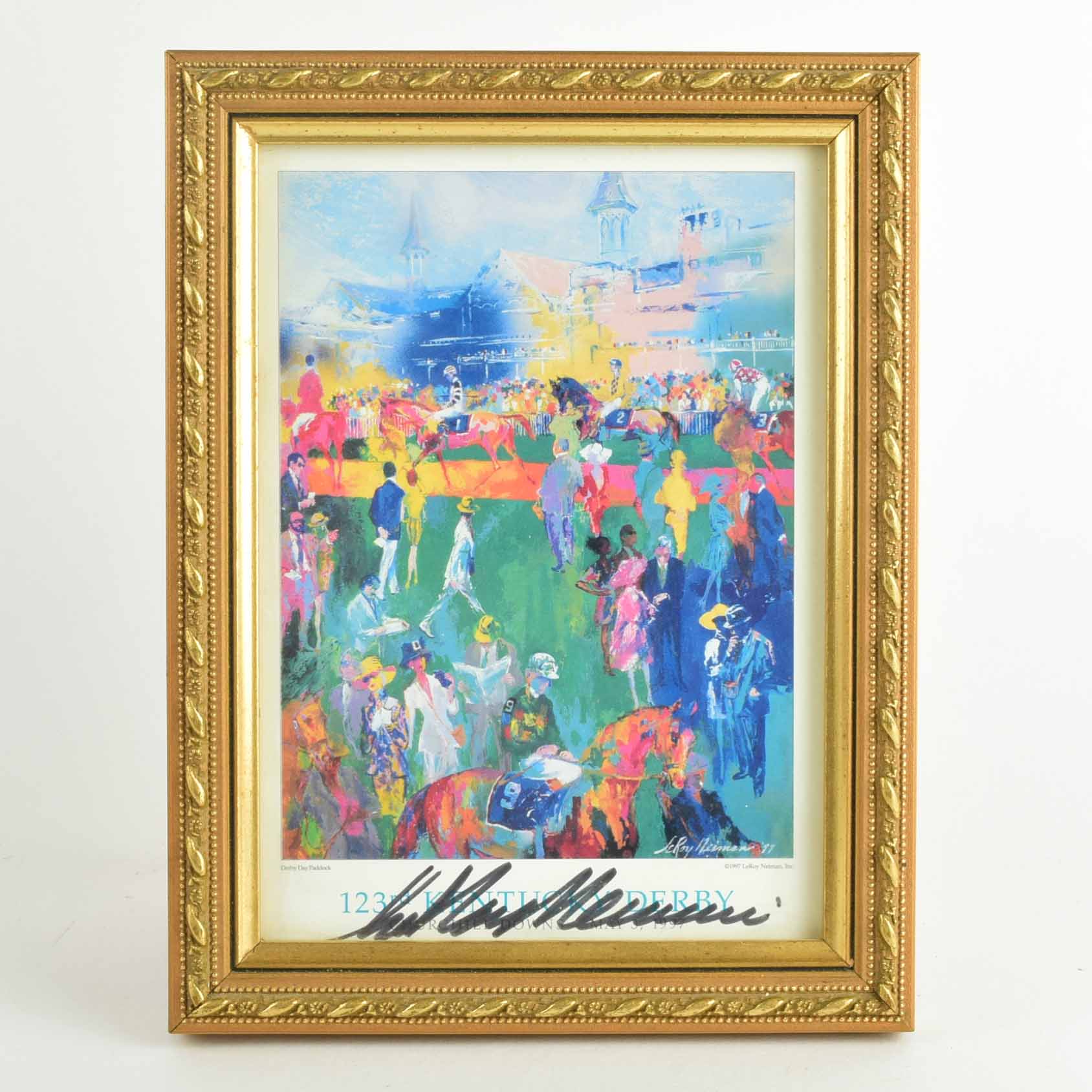 Leroy Neiman Signed Art Postcard Titled "Derby Day Paddock"