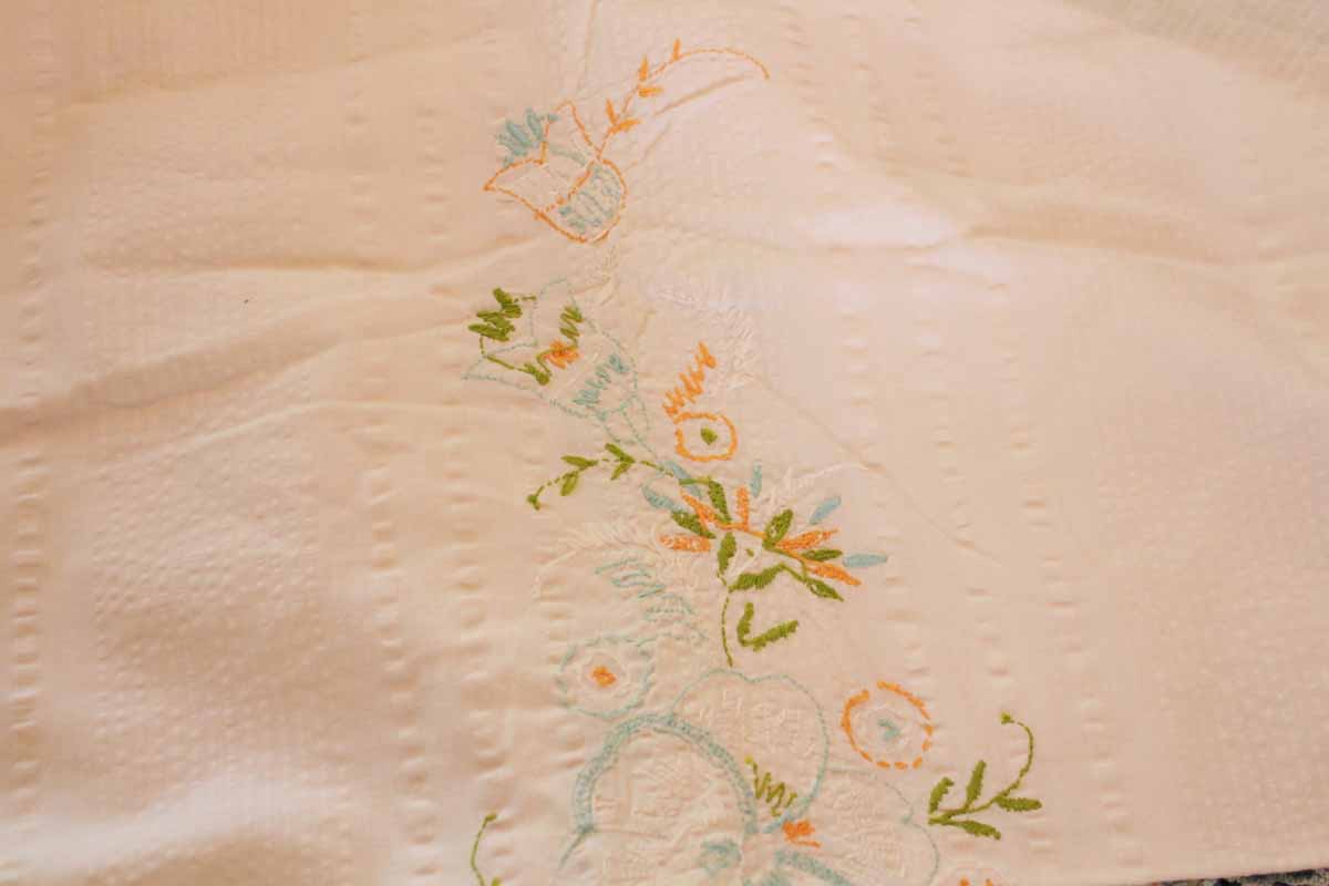 1940s Vintage Embroidered Coverlet with Crochet Trim
