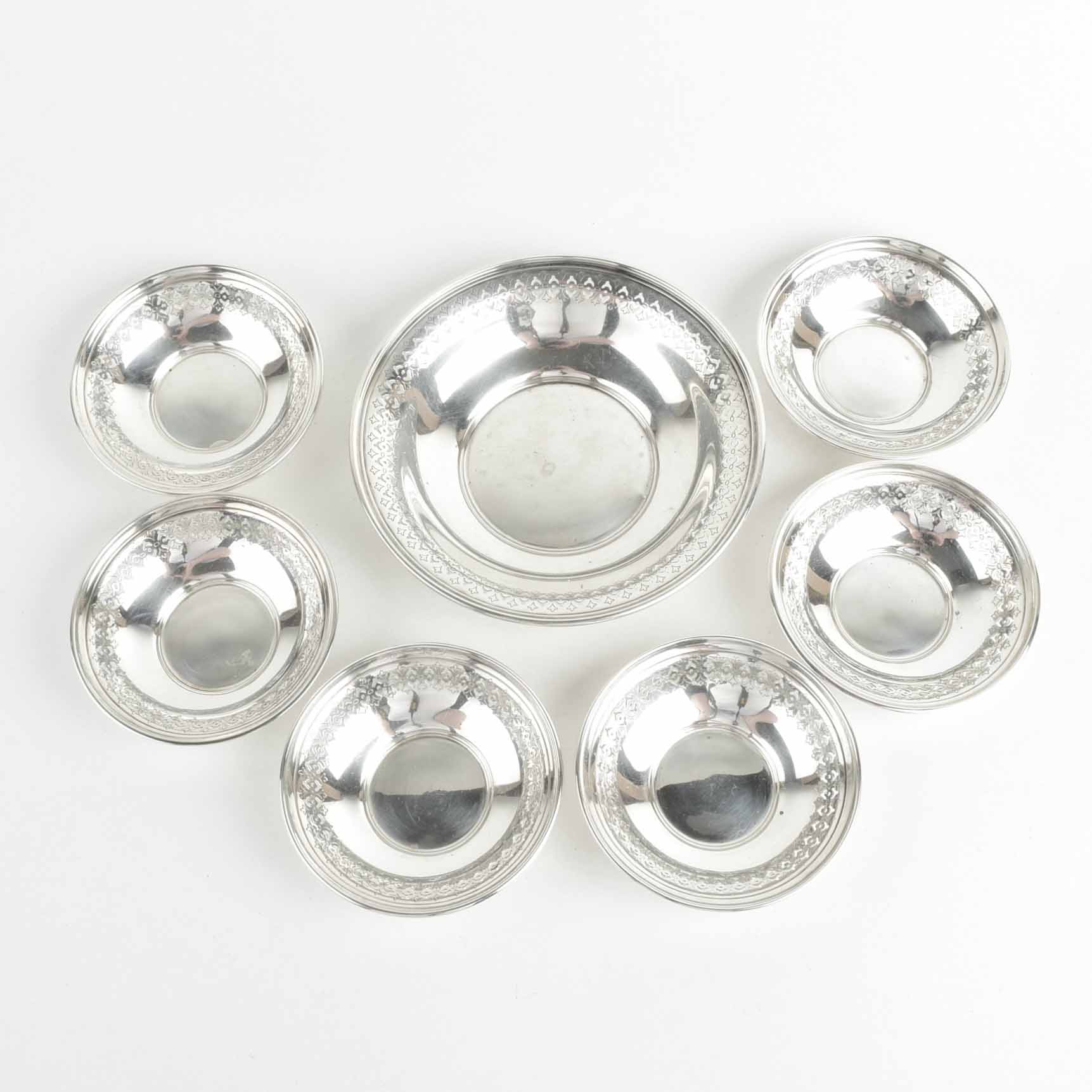 Sterling Silver Bonbon Dish and Six Small Bowls