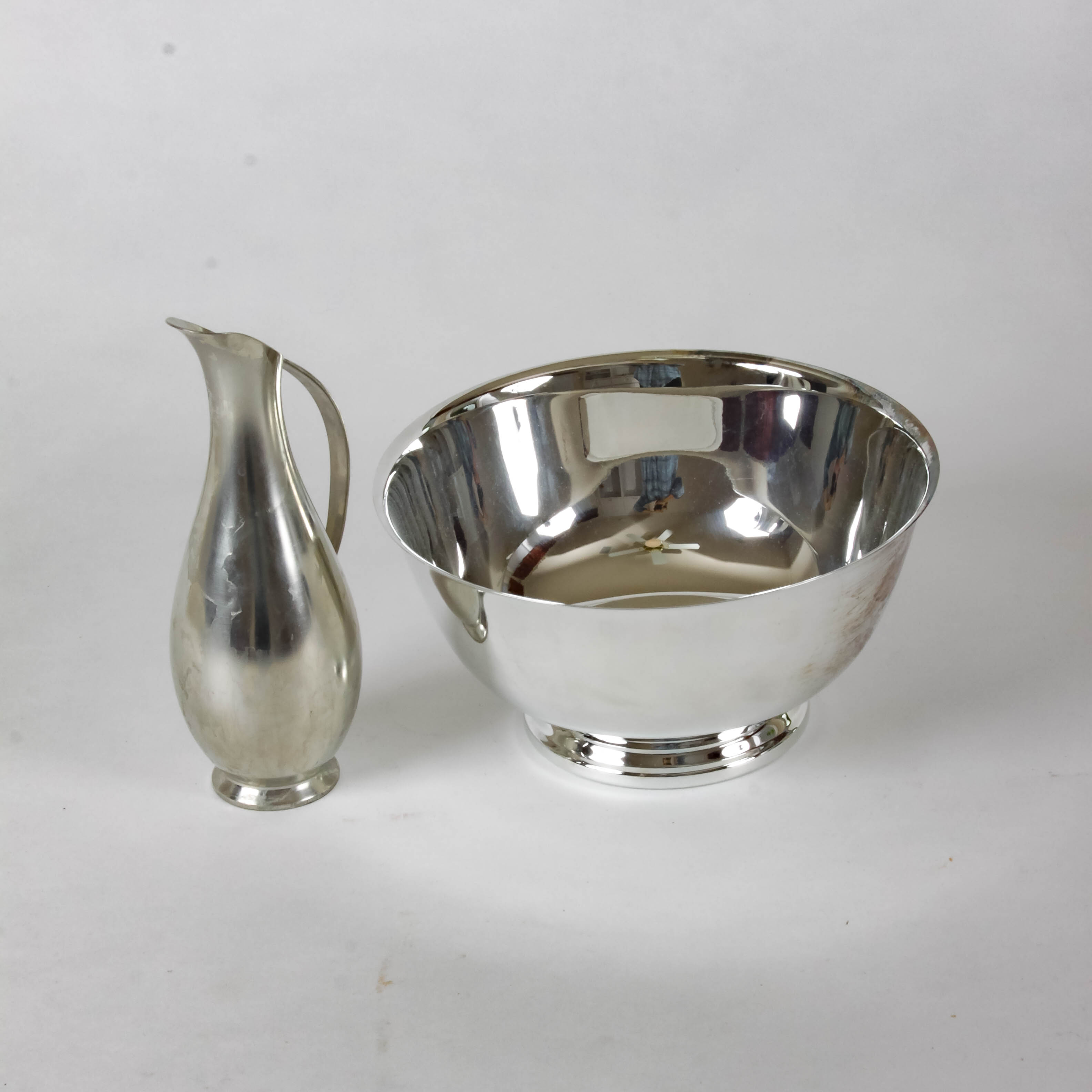 Pewter Pitcher and Silver-Plated Bowl