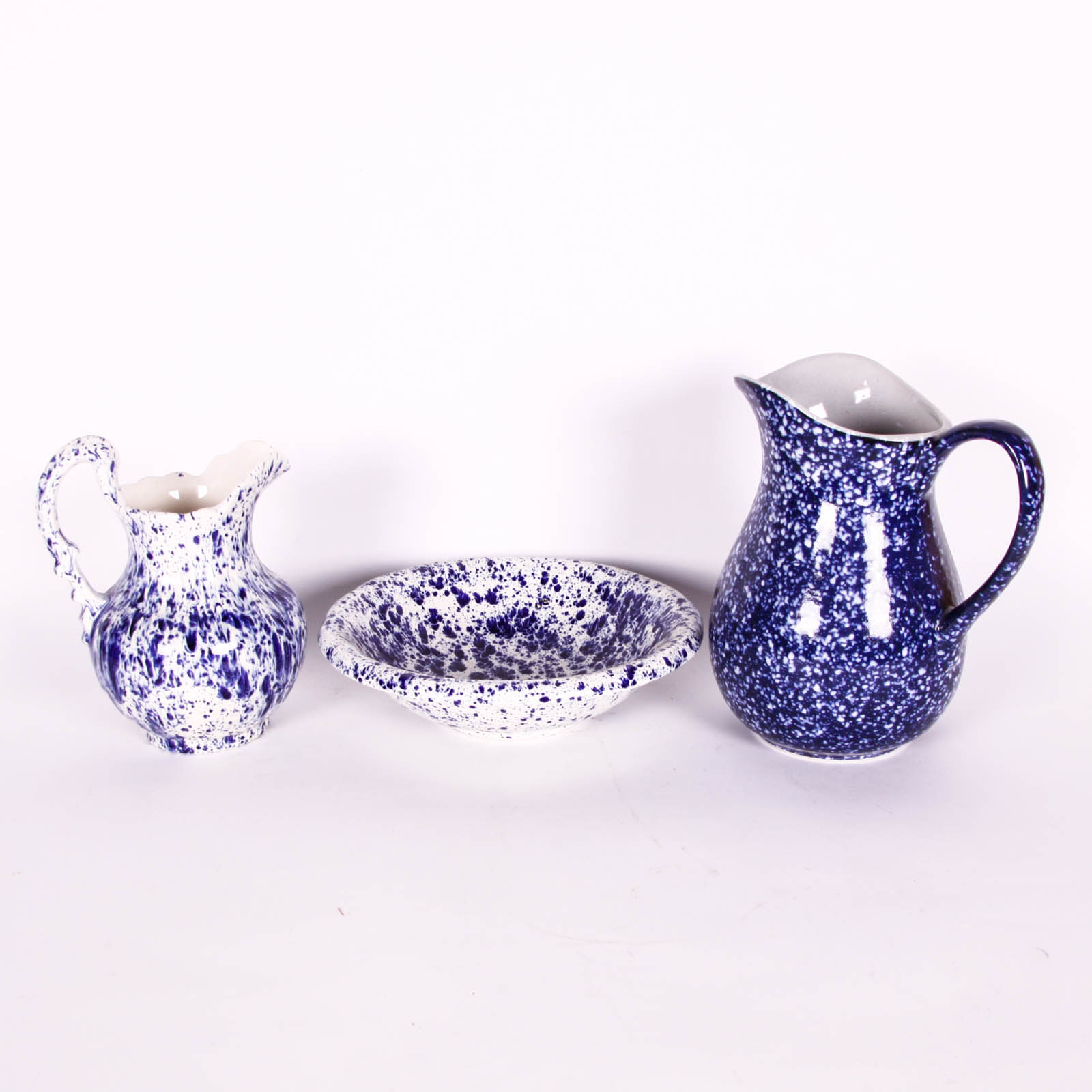 Blue and White Speckle Pitchers and Bowl