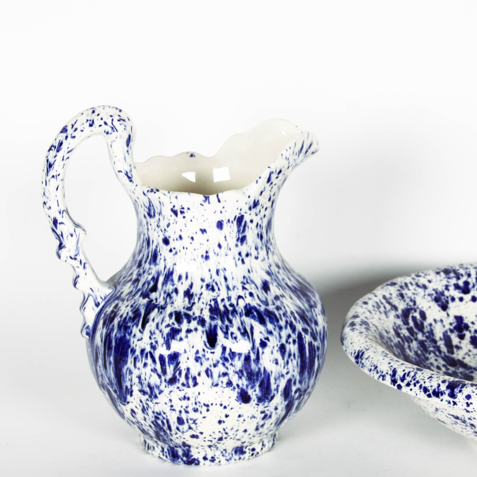 Blue and White Speckle Pitchers and Bowl