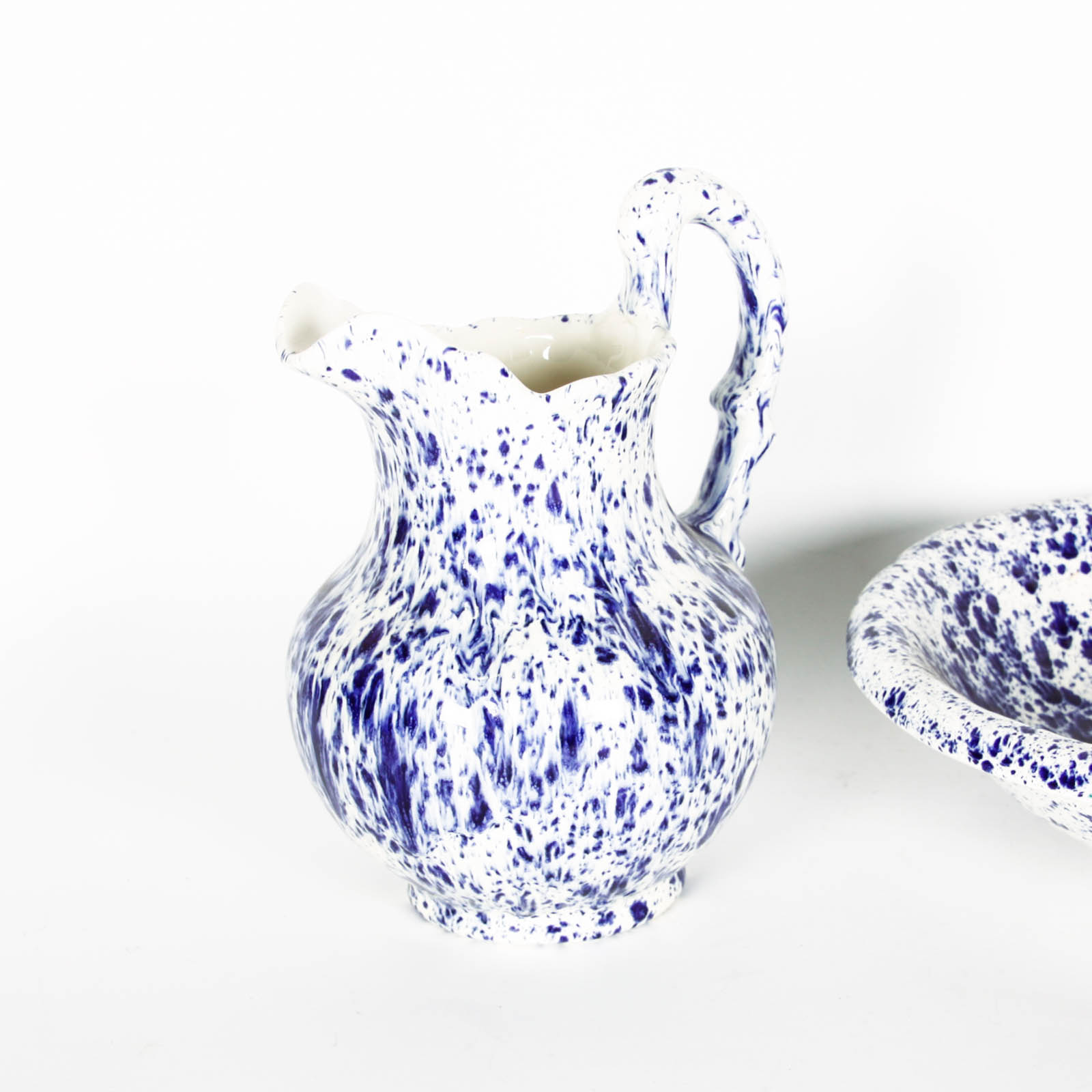 Blue and White Speckle Pitchers and Bowl