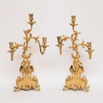 Pair of Rococo Revival Spelter Candelabra, Gilded with Cherubs Pair of Rococo Revival Spelter Candelabra, Gilded with Cherubs