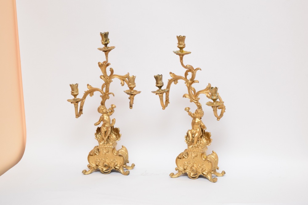 Pair of Rococo Revival Spelter Candelabra, Gilded with Cherubs