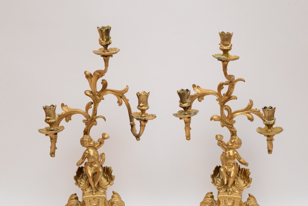Pair of Rococo Revival Spelter Candelabra, Gilded with Cherubs