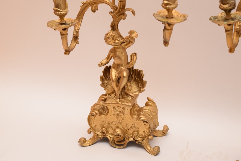Pair of Rococo Revival Spelter Candelabra, Gilded with Cherubs