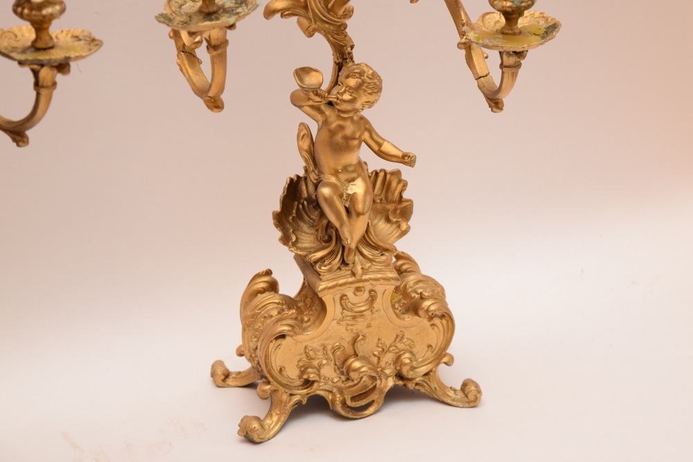 Pair of Rococo Revival Spelter Candelabra, Gilded with Cherubs