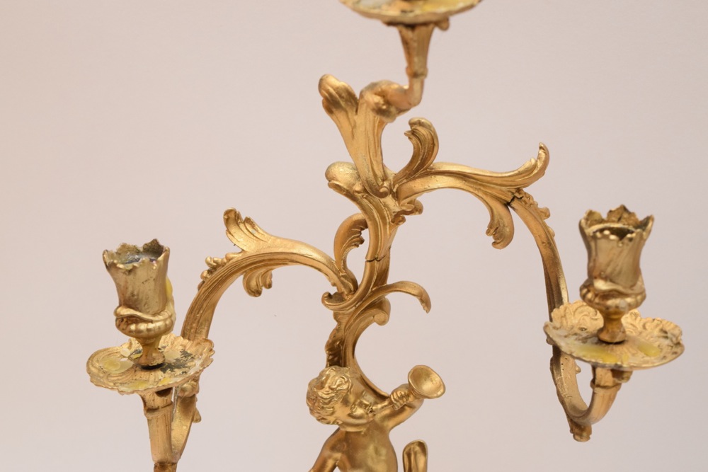 Pair of Rococo Revival Spelter Candelabra, Gilded with Cherubs