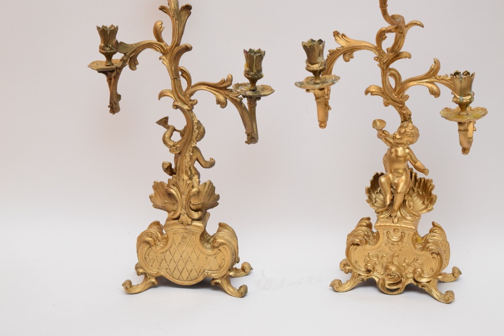 Pair of Rococo Revival Spelter Candelabra, Gilded with Cherubs