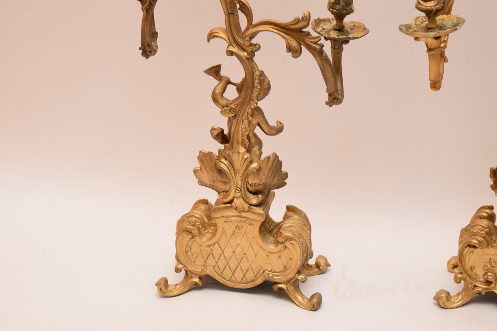 Pair of Rococo Revival Spelter Candelabra, Gilded with Cherubs