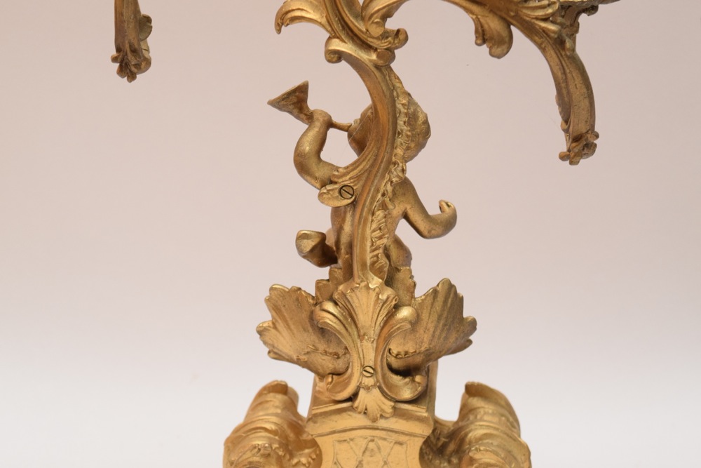 Pair of Rococo Revival Spelter Candelabra, Gilded with Cherubs