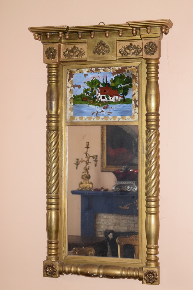 American Classical Mirror with Reverse Painted Glass Insert, c. 1840