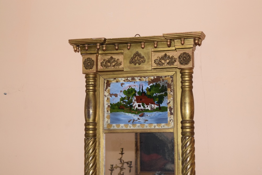 American Classical Mirror with Reverse Painted Glass Insert, c. 1840