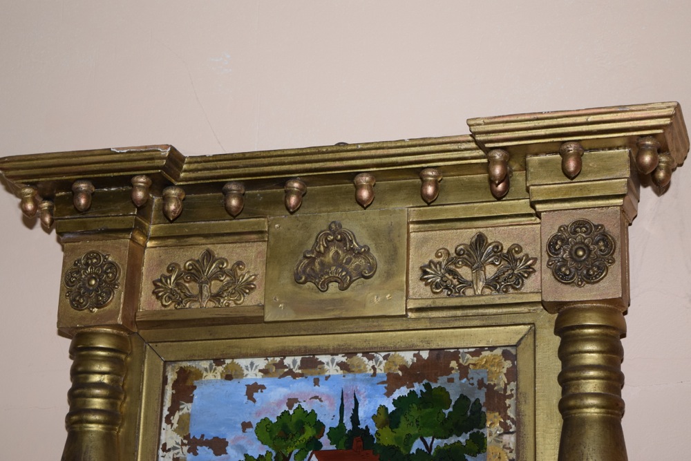 American Classical Mirror with Reverse Painted Glass Insert, c. 1840