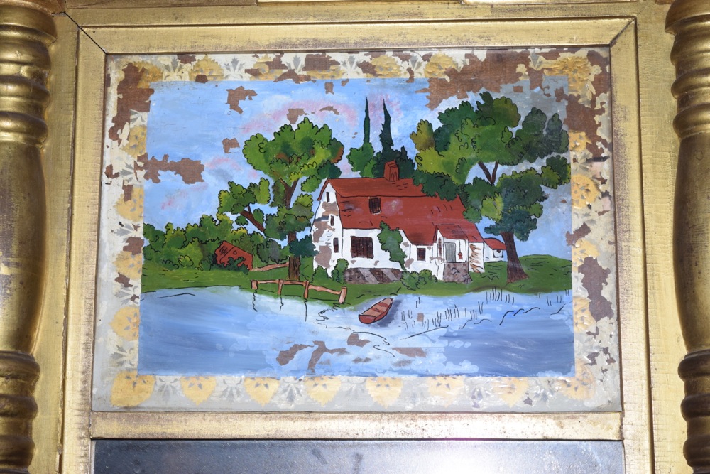 American Classical Mirror with Reverse Painted Glass Insert, c. 1840