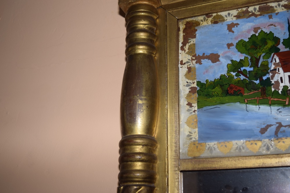 American Classical Mirror with Reverse Painted Glass Insert, c. 1840