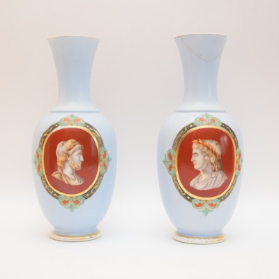Pair of English Bristol Glass Cameo Profile Vases Orange and Gold on Blue Ca. 1875 Pair of English Bristol Glass Cameo Profile Vases Orange and Gold on Blue Ca. 1875