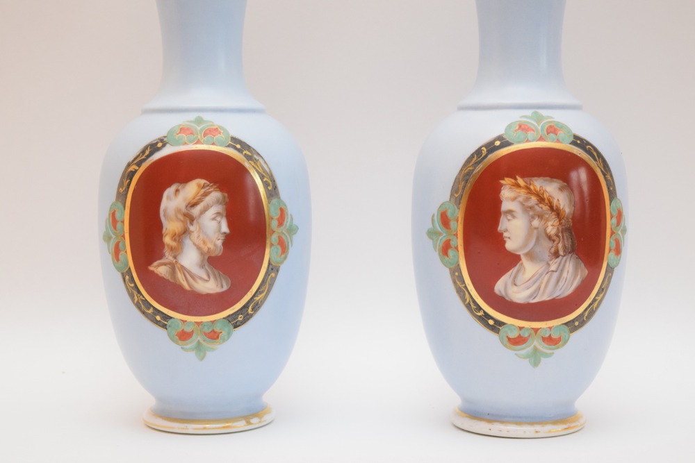 Pair of English Bristol Glass Cameo Profile Vases Orange and Gold on Blue Ca. 1875