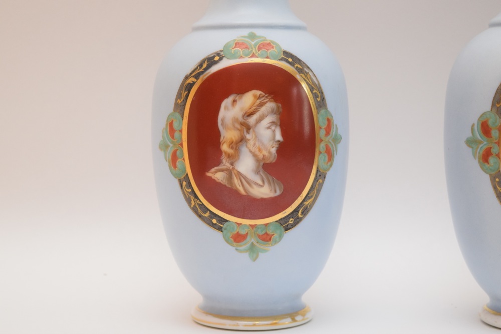 Pair of English Bristol Glass Cameo Profile Vases Orange and Gold on Blue Ca. 1875