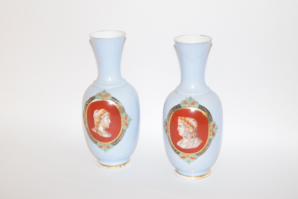 Pair of English Bristol Glass Cameo Profile Vases Orange and Gold on Blue Ca. 1875
