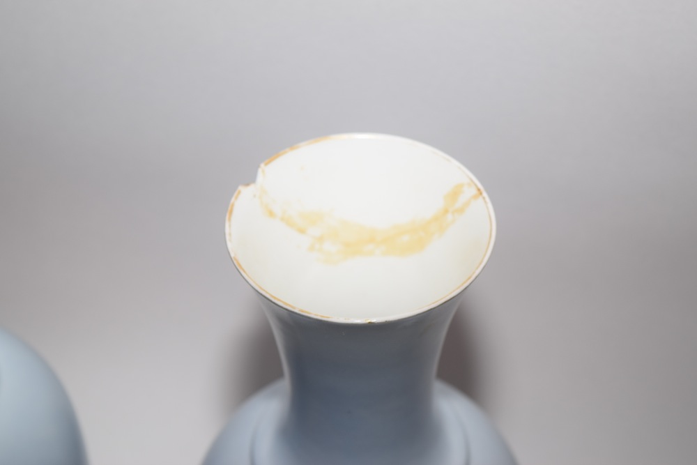 Pair of English Bristol Glass Cameo Profile Vases Orange and Gold on Blue Ca. 1875