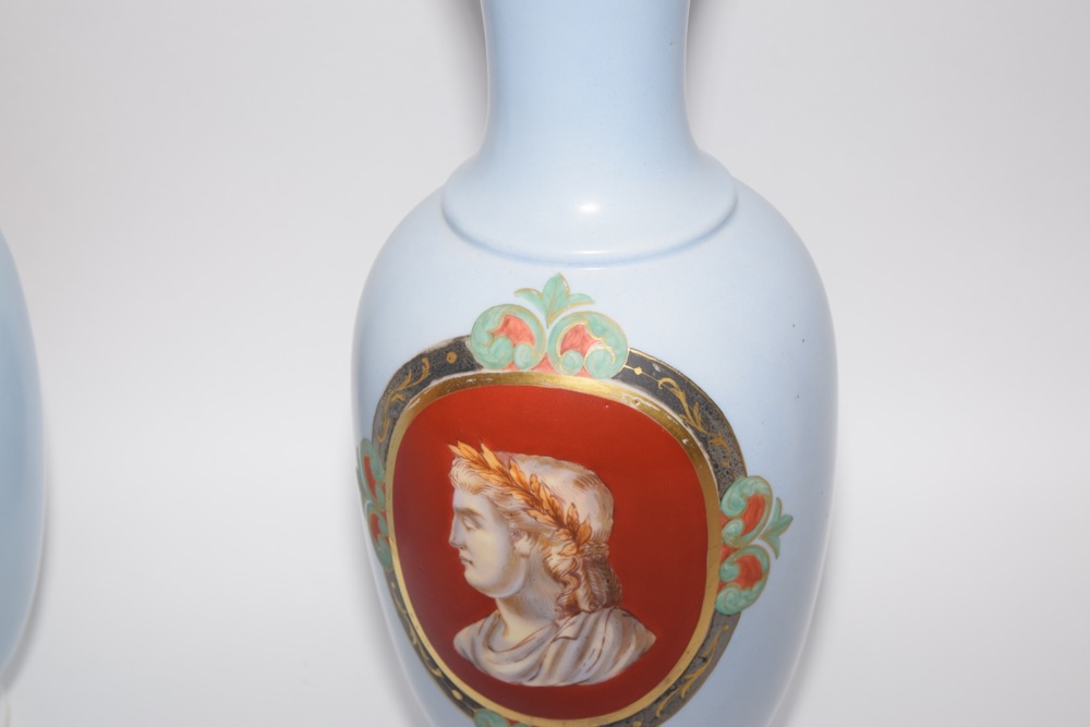 Pair of English Bristol Glass Cameo Profile Vases Orange and Gold on Blue Ca. 1875