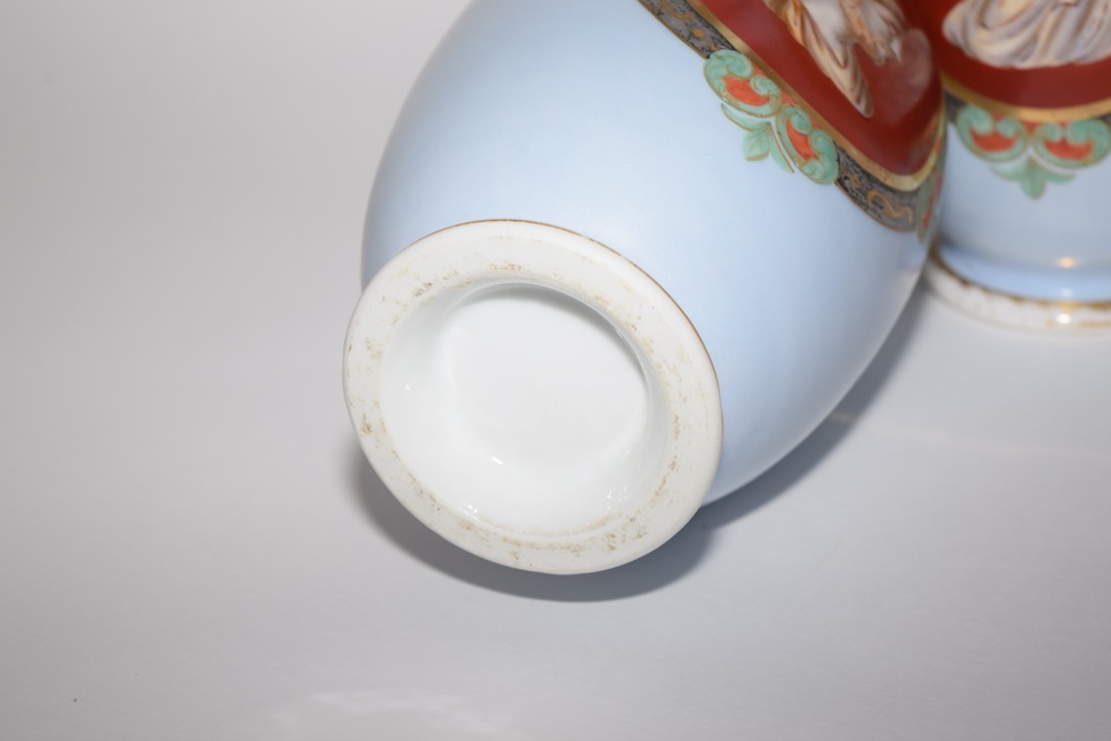 Pair of English Bristol Glass Cameo Profile Vases Orange and Gold on Blue Ca. 1875