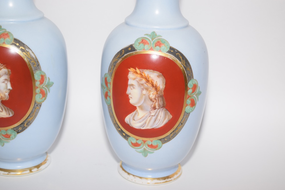 Pair of English Bristol Glass Cameo Profile Vases Orange and Gold on Blue Ca. 1875