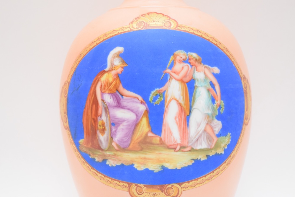 French Porcelain Balustre Vase Royal Blue on Orange Body with Handpainted Classical Scene ca. Second Empire