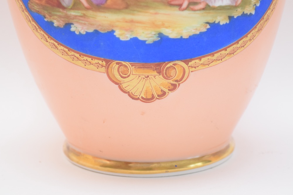 French Porcelain Balustre Vase Royal Blue on Orange Body with Handpainted Classical Scene ca. Second Empire