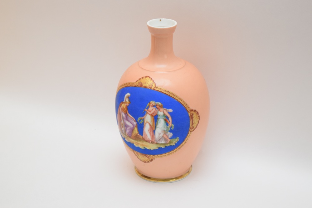 French Porcelain Balustre Vase Royal Blue on Orange Body with Handpainted Classical Scene ca. Second Empire