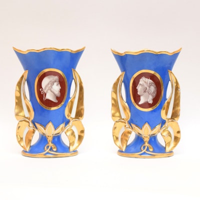 Pair of French Old Paris Cameo Flare Vases Orange on Cobalt Front with Gold ca. 1850 Pair of French Old Paris Cameo Flare Vases Orange on Cobalt Front with Gold ca. 1850