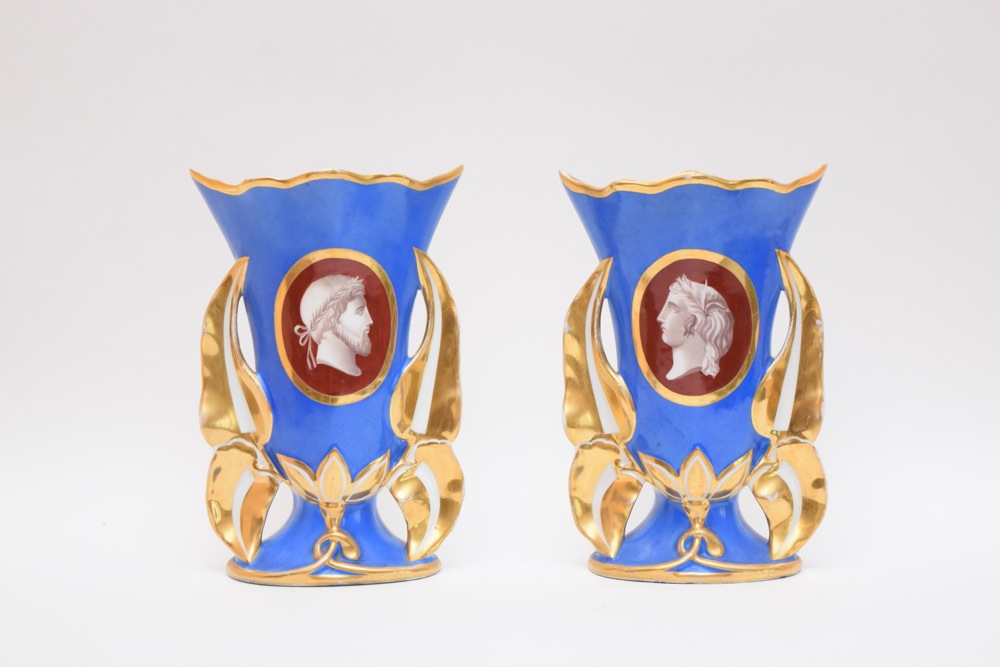 Pair of French Old Paris Cameo Flare Vases Orange on Cobalt Front with Gold ca. 1850