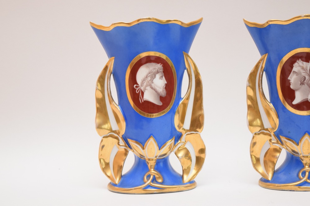 Pair of French Old Paris Cameo Flare Vases Orange on Cobalt Front with Gold ca. 1850