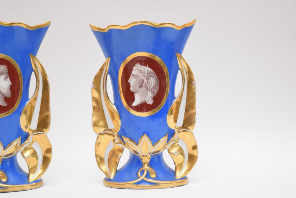 Pair of French Old Paris Cameo Flare Vases Orange on Cobalt Front with Gold ca. 1850