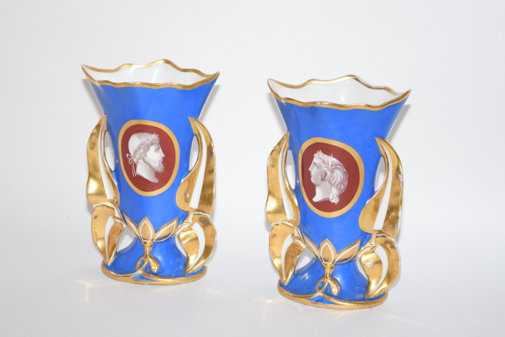 Pair of French Old Paris Cameo Flare Vases Orange on Cobalt Front with Gold ca. 1850